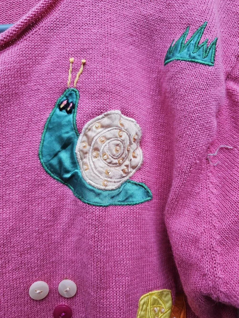 Whimsical Embellished Insect Pink Knit Sweater Short Sleeve Snail Mushroom 90s‎